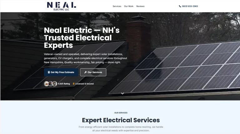Neal Electric website header showcasing solar panels with text about NHs trusted electrical exports and services