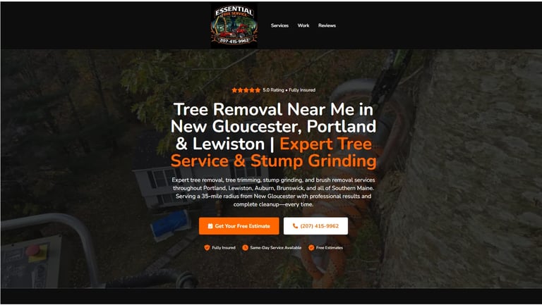 Tree removal service website header for New Gloucester, Portland and Lewiston featuring an orange button and forest background