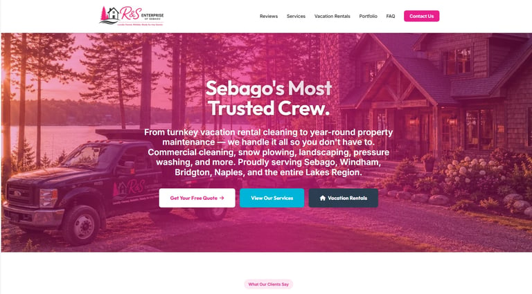 Sebagos Most Trusted Crew website hero banner featuring a lakeside house with pink overlay and three call-to-action buttons