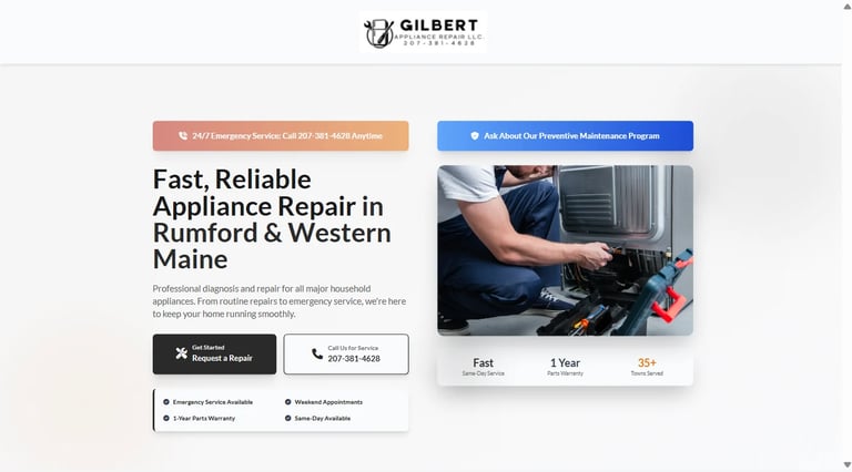 Gilbert Appliance Repair website banner showcasing fast, reliable appliance repair services in Rumford and Western Maine