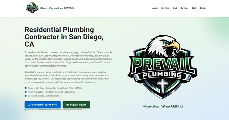 Prevail Plumbing website header showing residential plumbing contractor services in San Diego, CA with eagle logo