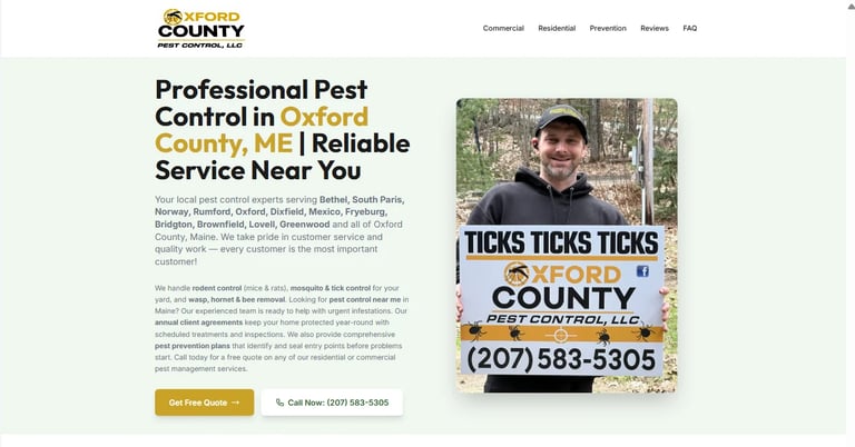 Professional pest control service website for Oxford County, Maine featuring a man in the woods and tick warning sign