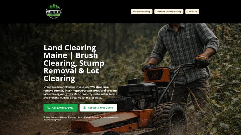 Man operating land clearing equipment with text overlay advertising brush clearing and stump removal services in Maine