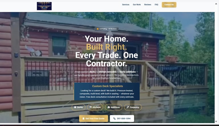 Contractor website homepage featuring log cabin with deck and text promoting custom home building services