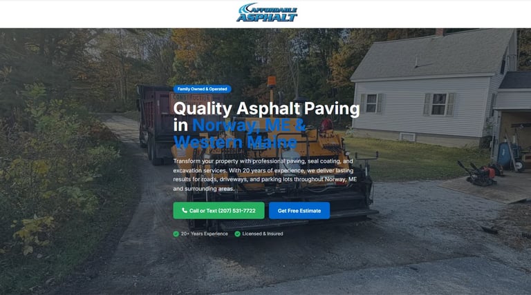 Asphalt paving company website showing truck and residential driveway with quality asphalt paving services promotion