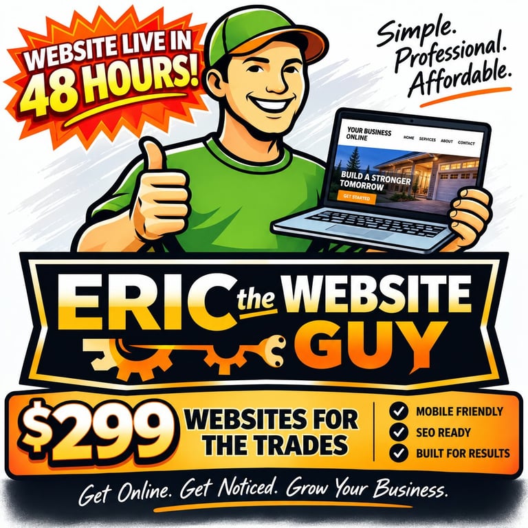 Eric the Website Guy promotional graphic advertising $299 websites for trades, ready in 48 hours, mobile friendly and SEO ready